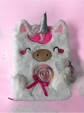 Claire's Fuzzy White Unicorn Journal with Lock and Key